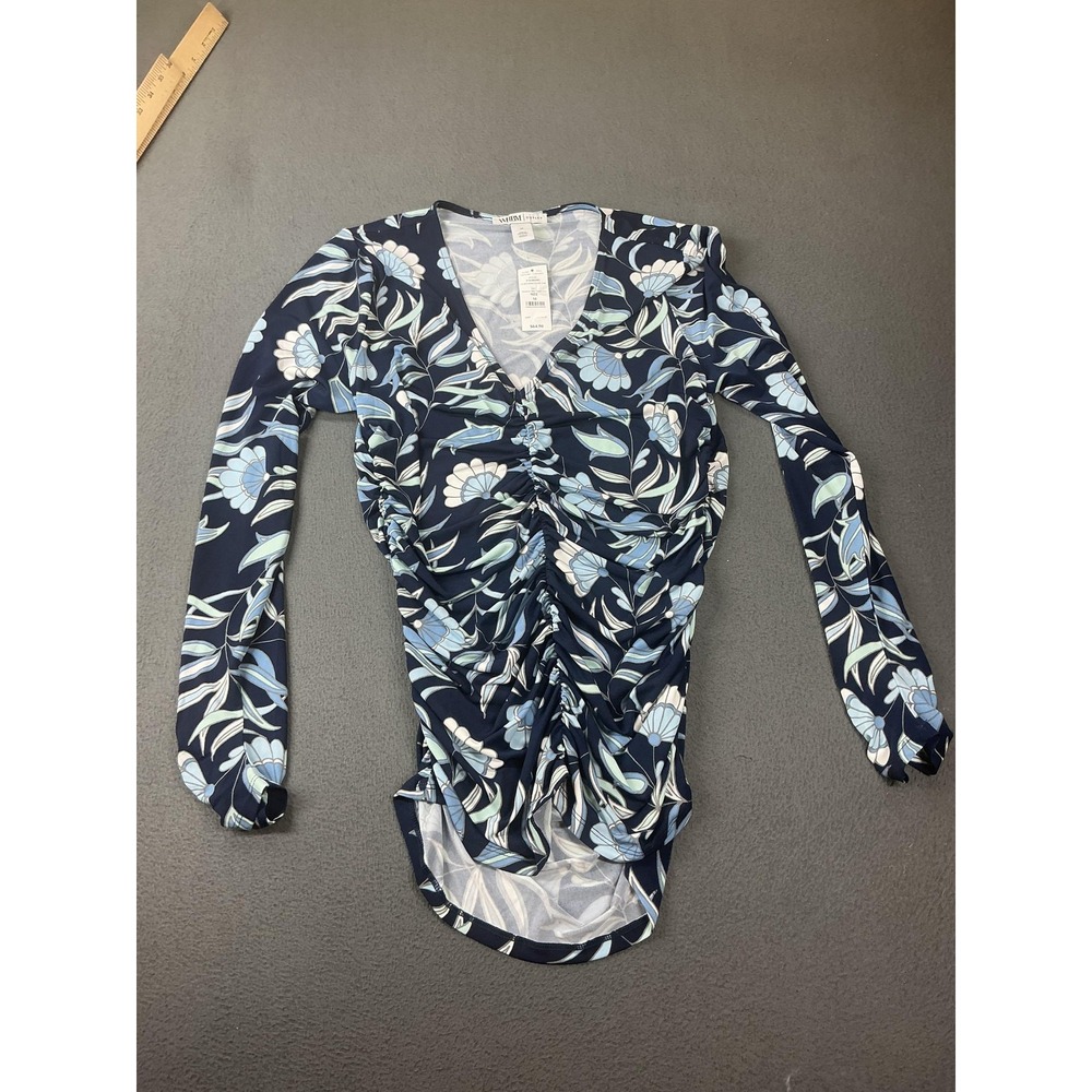 WHBM Outlet Blouse Womens M Blue Tunic Floral Ruched Front Jersey Lightweight